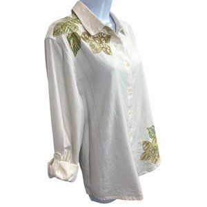 Draper's & Damon's Women's Linen Roll Tab Slv Beige Embroider Blouse Top Large L